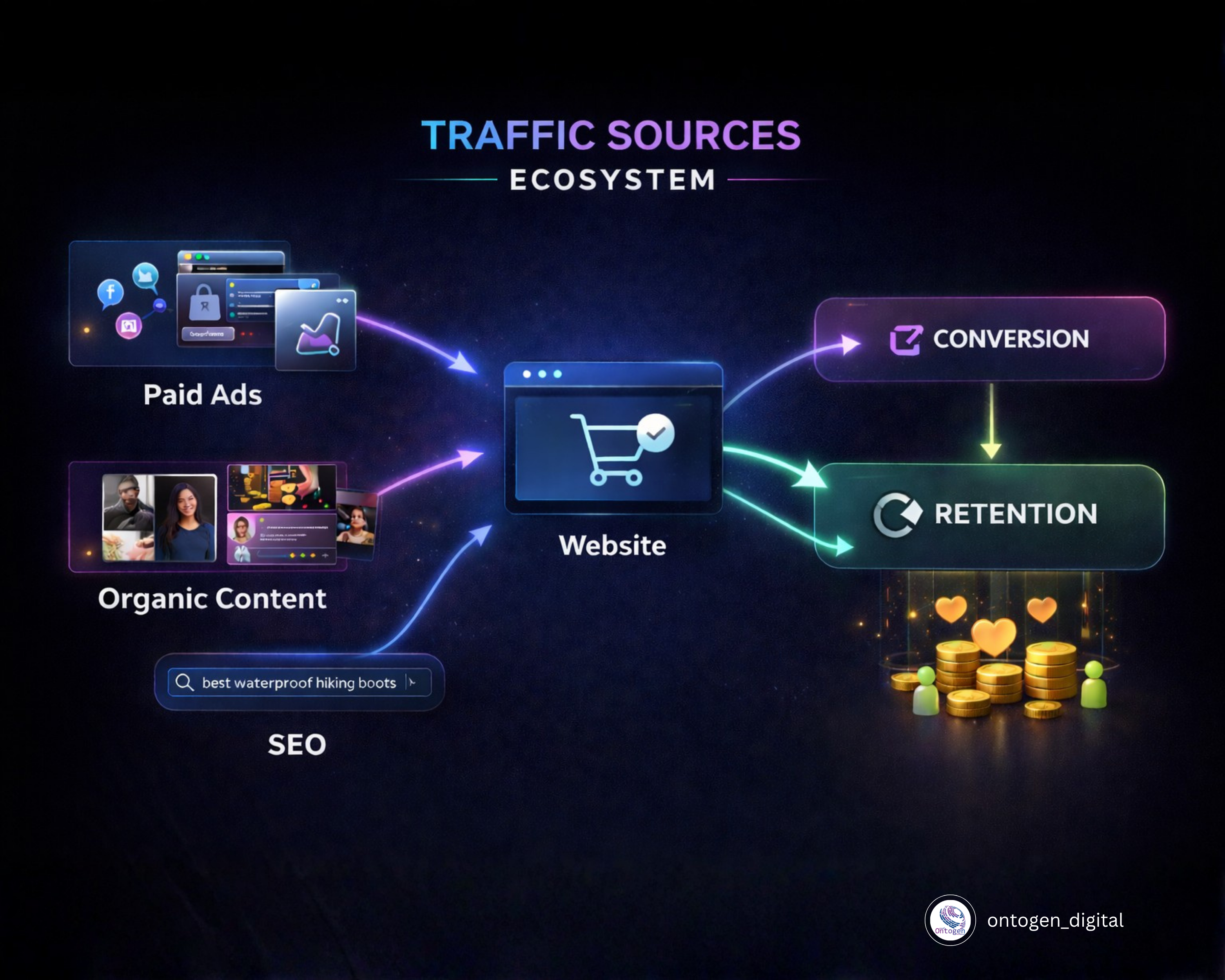 Traffic Sources Ecosystem - Paid Ads, Organic Content, SEO to Website to Conversion to Retention